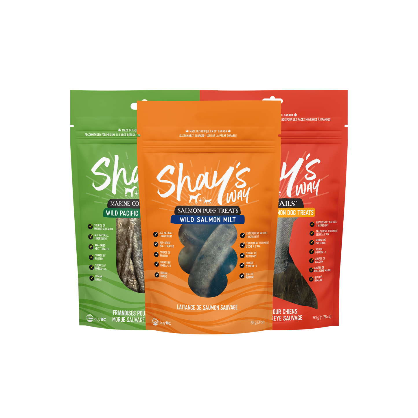 Shay's Way Treat Trio bundle — collagen sticks, salmon milt puffs, sockeye split tails