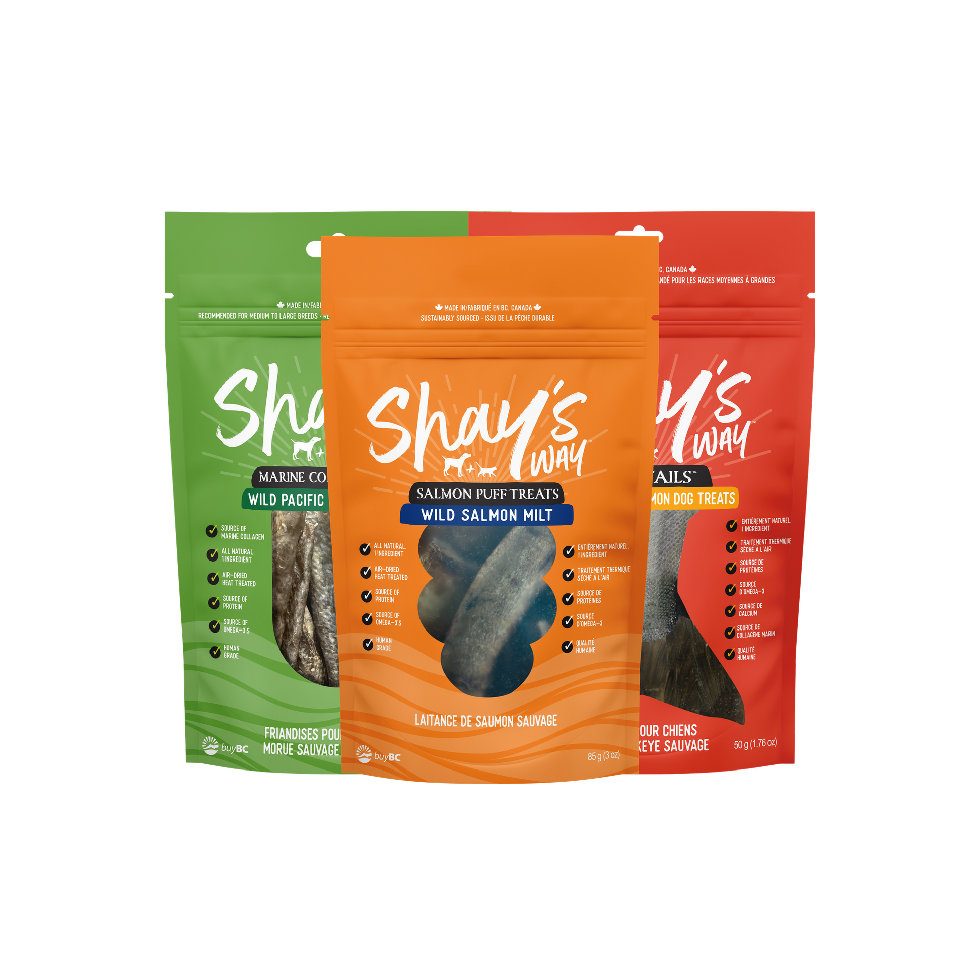 Shay's Way Treat Trio bundle — collagen sticks, salmon milt puffs, sockeye split tails