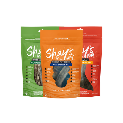 Shay's Way Treat Trio bundle — collagen sticks, salmon milt puffs, sockeye split tails