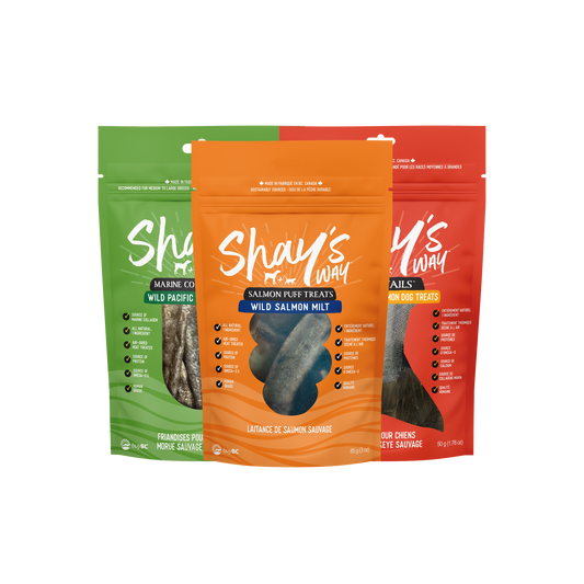 Shay's Way Treat Trio bundle — collagen sticks, salmon milt puffs, sockeye split tails